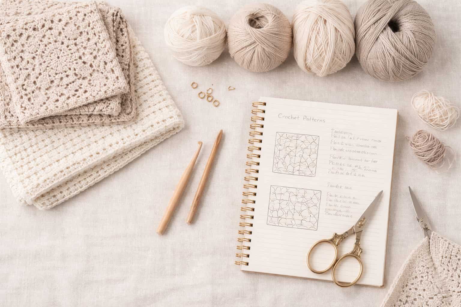Flat lay of a neutral crochet workspace with folded crochet pieces, yarn skeins, hooks, scissors, and a notebook with pattern sketches on a linen background.